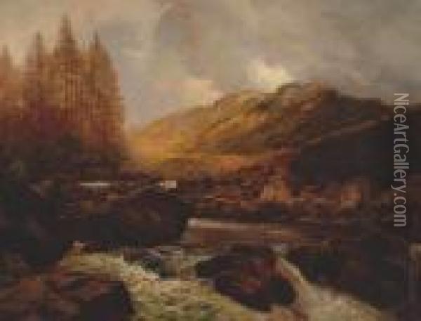 A Highland River With Waterfall In The Foreground Oil Painting - James Whaite