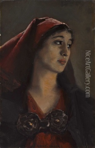 Damenbildnis Mit Rotem Kopftuch (+ Figurenstudie, Pencil, Verso) Oil Painting - Albert von Keller