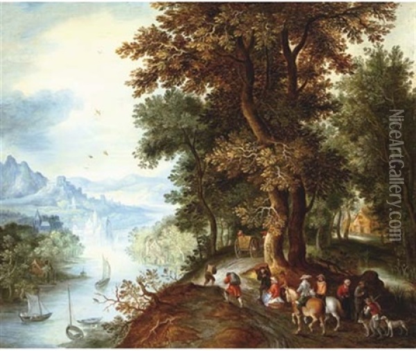 An Extensive Mountainous River Landscape With Horsemen And Figures Returning From The Falconry, Villages In The Valley Beyond Oil Painting - Jan Brueghel the Elder