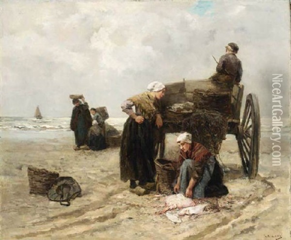 Fisherwomen On The Beach Oil Painting - Johannes Marius ten Kate