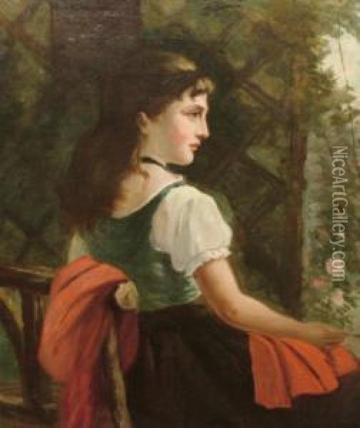 Portrait Of A Young Woman Seatedthree-quarter Length Turned To The Right On A Terrace Oil Painting - Mary Noyes