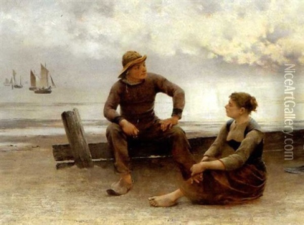 Fiskarpar Pa Strand Oil Painting - August Vilhelm Nikolaus Hagborg