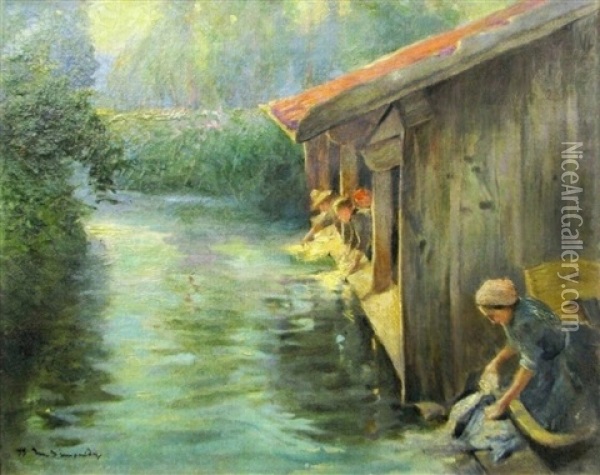 Washing The Laundry At The River Oil Painting - Michel Simonidy