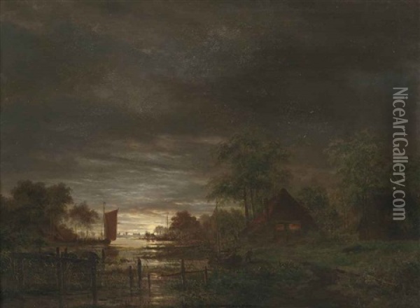 A Moonlit Estuary Oil Painting - Jacobus Theodorus Abels