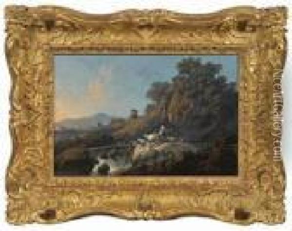Italienische Gebirgslandschaft Mit Hirten An Einem Wasserfall Oil Painting - Jean-Baptiste Pillement