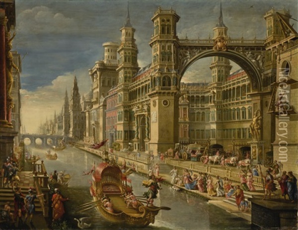 Extravagant Architectural Capriccio With A State Barge On A Canal And Pharaoh's Daughter Finding Moses Oil Painting - Francisco Gutierrez
