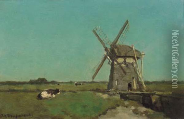 A Polder Landscape With A Windmill, Near Schiedam Oil Painting - Jan Hendrik Weissenbruch