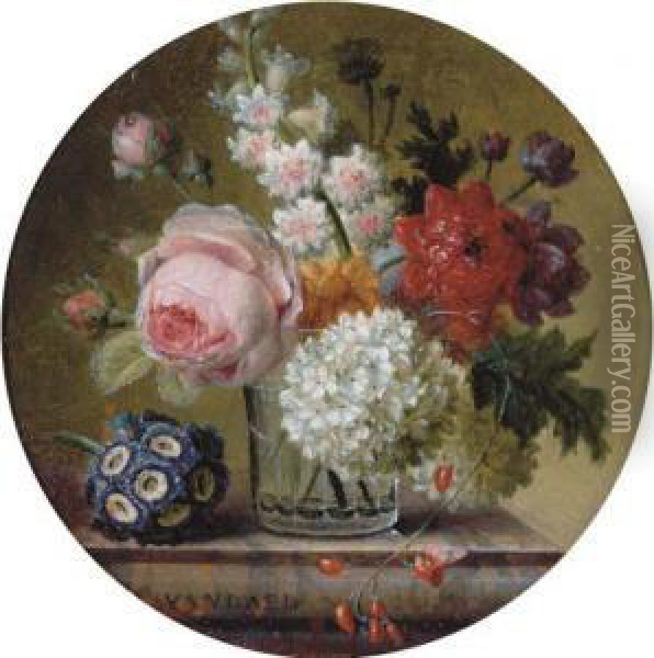 Cabbage Rose, Marigold, 
Hyacinth, Poppy Anemones, Opium Poppy,snowball And Scarlet Runner Bean 
In A Glass Beaker On A Marbleledge With Auricula Oil Painting - Jan Frans Van Dael