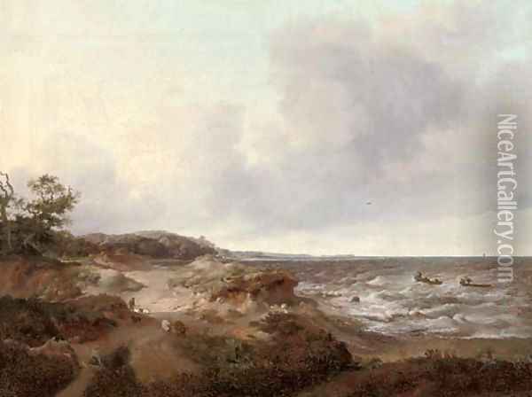 A coastal landscape with a shepherd and his flock, fishermen in their boats out to sea Oil Painting - French School