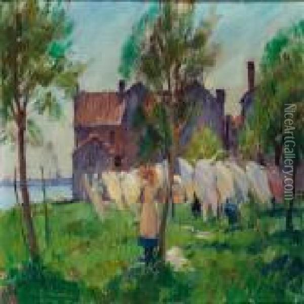 Drying The Laundry In The Sun Oil Painting - Victor Westerholm