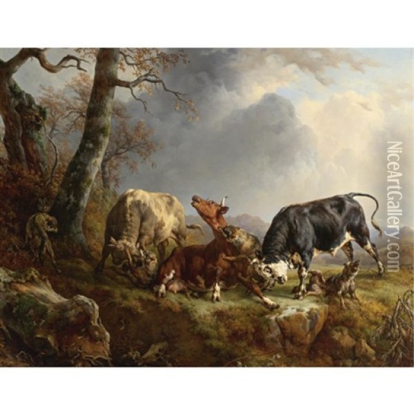 Two Bulls Defending A Cow Attacked By Wolves Oil Painting - Jacques Raymond Brascassat