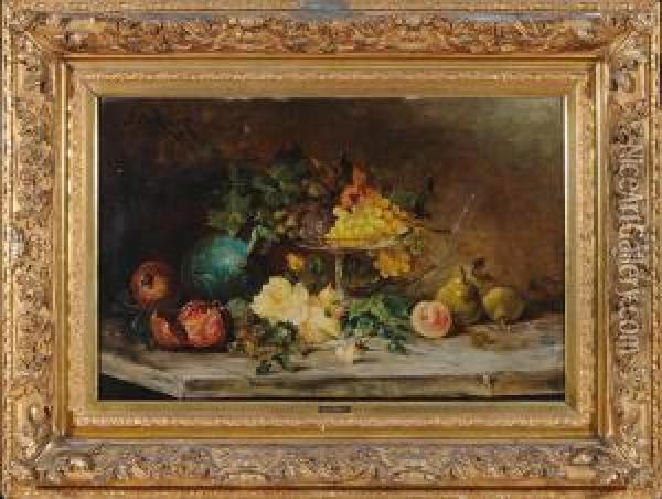 Natura Morta Con Alzata, Frutta E Rose Oil Painting - Jules Felix Ragot