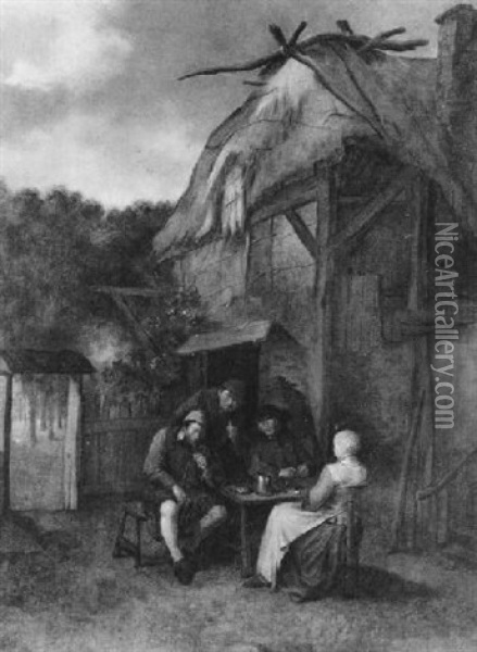 Drei Bauern Und Eine Frau Vor Dem Haus Sitzend Oil Painting - Egbert van Heemskerck the Elder
