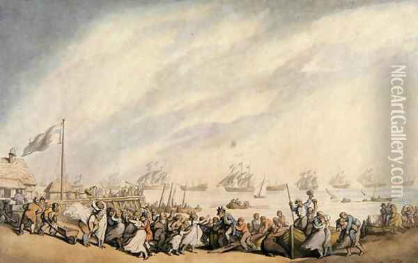 The Return of the Fleet to Great Yarmouth after the Defeat of the Dutch in 1797, c.1797 Oil Painting - Thomas Rowlandson