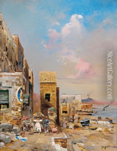 Strasenszene Am Golf Von Neapel Oil Painting - Robert Alott