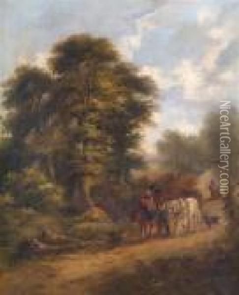 Gypsies On A Road In A Wooded Landscape Oil Painting - John Barker