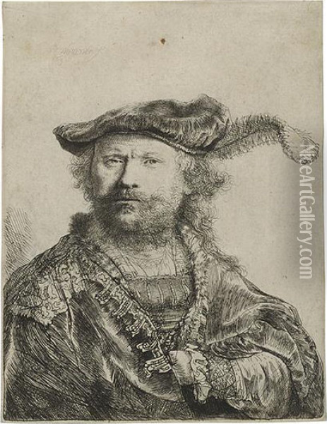 Self Portrait In A Velvet Cap And Plume. Oil Painting - Rembrandt Van Rijn