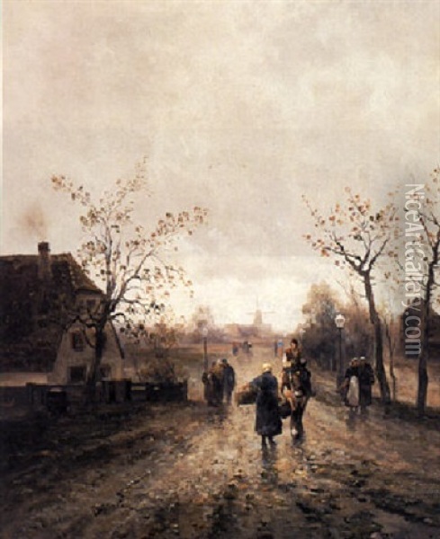 Figures On A Countryroad Oil Painting - Emil Barbarini