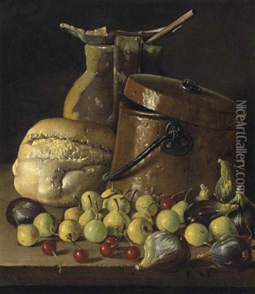 An Earthenware Pitcher And Copper Pail, With A Bread Roll, Figs, Quinces And Cherries On A Stone Ledge Oil Painting - Luis Melendez