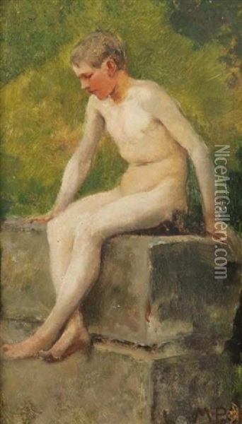 Nude Boy (study) Oil Painting - Maximilian Pirner