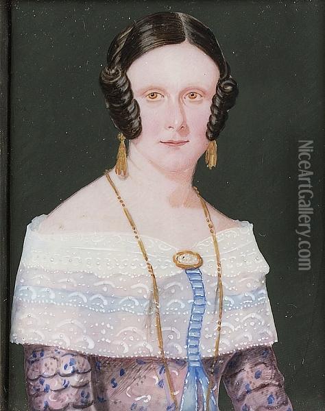 A Lady, Said To Be Of Lord Byron's Family, Wearing Pink Dress With Blue Floral Motif, White Lace Collar And Blue Ribbon, Gold Drop Earrings And Necklace Oil Painting - John Fox