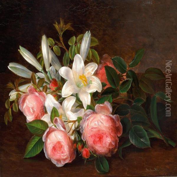 Roses And Lilies Oil Painting - I.L. Jensen