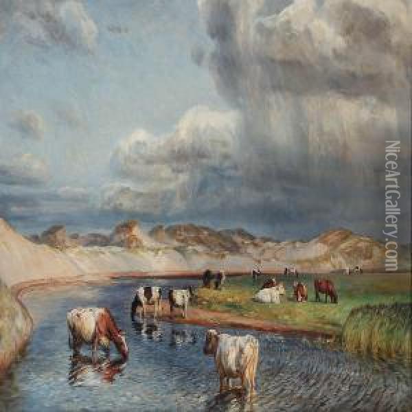 Grazing Cows At A Stream Oil Painting - Niels Pedersen Mols