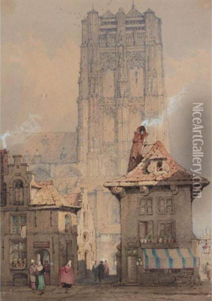 Figures By A Continental Cathedral Oil Painting - Samuel Prout