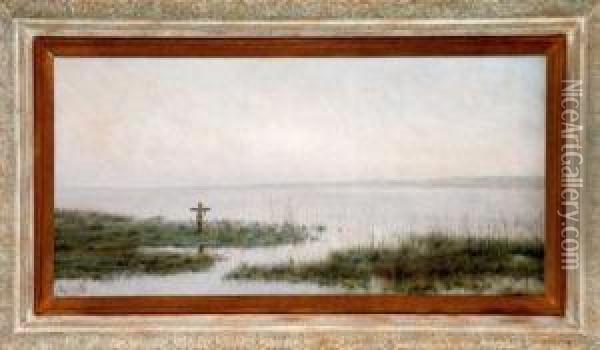 Paisaje Con Lago Y Cruz Oil Painting - Modesto Urgell y Inglada