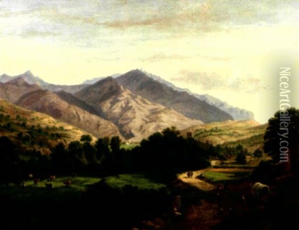 Paysage Alpin Avec Troupeau, Personnages Et Charrette Dans Une Vallee Oil Painting - Gaspard Gobaut