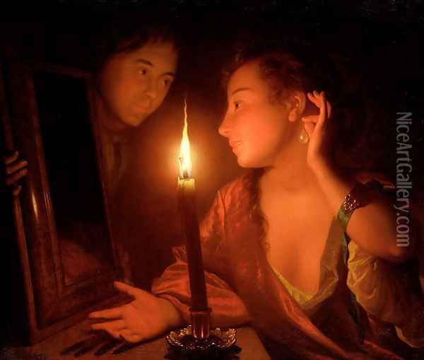 A Lady Admiring An Earring by Candlelight Oil Painting - Godfried Schalcken