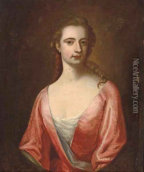 Portrait of a lady, half-length, in a pink dress with blue trim Oil Painting - Sir Godrey Kneller