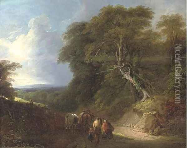 A wooded landscape with travellers on a track Oil Painting - Lodewijk De Vadder