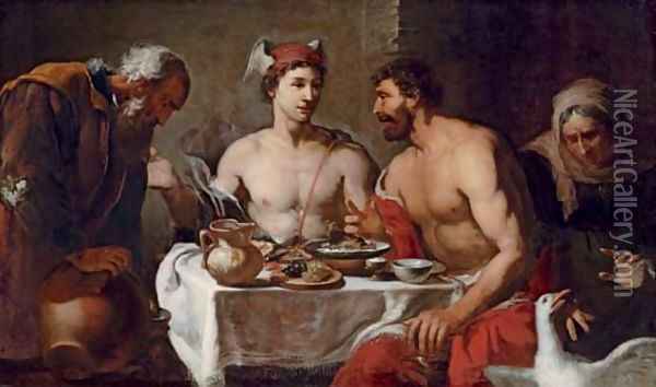 Jupiter and Mercury in the house of Philemon and Baucis Oil Painting - Johann Heiss