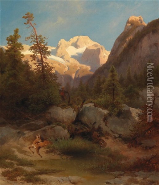 Hunter With His Game Set Against The Dachstein Massif Oil Painting - Melchior Fritsch