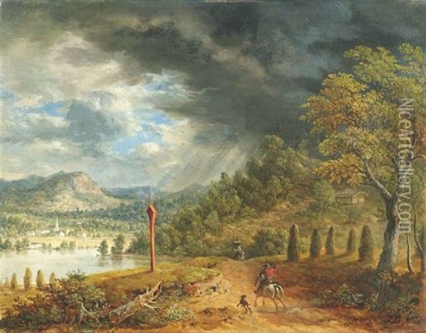 Landschaft Am See Mit Reisenden Auf Einem Weg Oil Painting - Johann Jakob Dorner the Younger