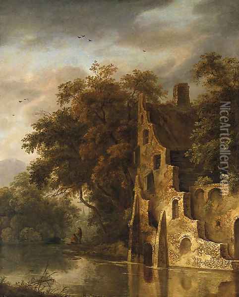 A wooded River Landscape with a Ruin, Anglers on a Bank beyond Oil Painting - Roelof van Vries