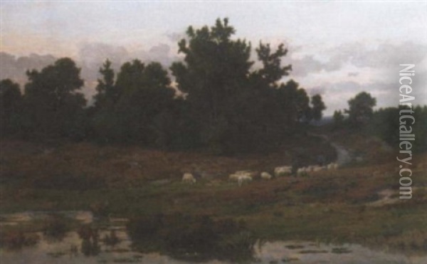 Leading The Flock Over The Heath At Dusk Oil Painting - Frans Keelhoff