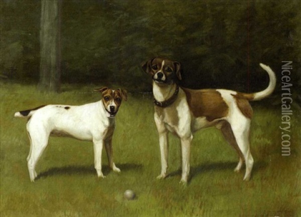 Beagle And Pup With Ball In A Landscape Oil Painting - Alexander Pope