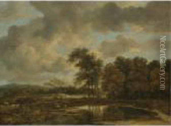 Landscape With A Shepherd Watering His Flock By A Pond At The Edge Of A Wood Oil Painting - Jacob Van Ruisdael