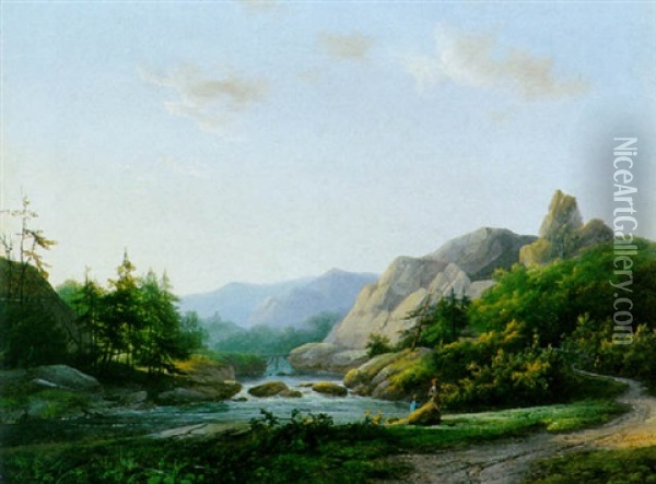 A Mountainous Landscape With Figures By A Stream Oil Painting - Marinus Adrianus Koekkoek