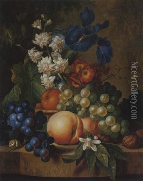 Still Life Of Grapes, Peaches, Walnuts, Irises And Other Flowers On A Stone Ledge Oil Painting - Johannes Christianus Roedig
