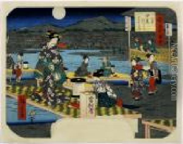 Night Time At Shijogawara In Kyoto, From Yamato Meishozue, Depicted On A Fan Oil Painting - Utagawa or Ando Hiroshige