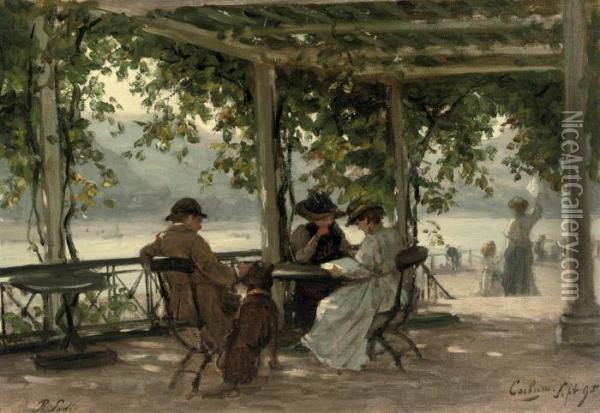 On A Terrace Under A Pergola Near The River Rhine, Cochum Oil Painting - Philippe Lodowyck Jacob Sadee