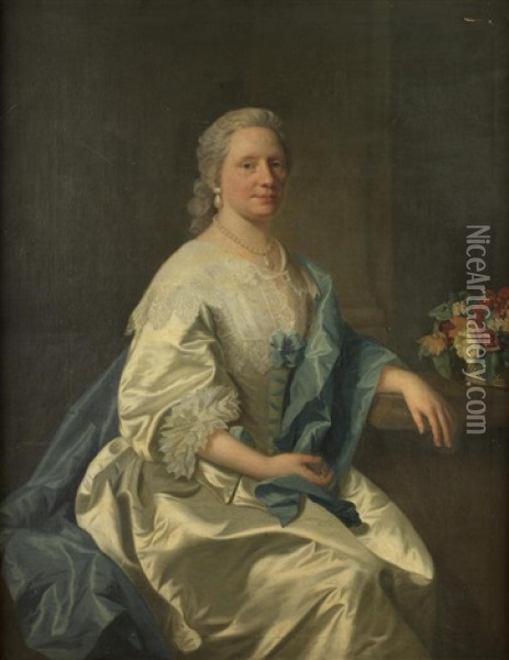 Portrait Of Ann Leighton, Three-quarter-length, In A White Dress And Blue Wrap, Seated Before A Basket Of Flowers Oil Painting - Allan Ramsay