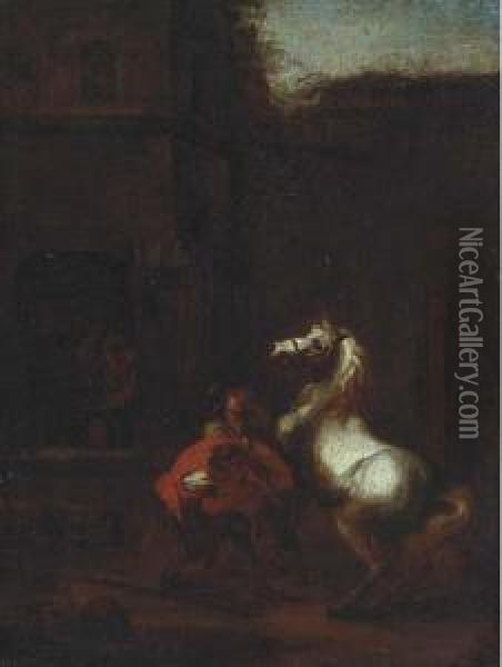 A Blacksmith And A Peasant With A White Horse Oil Painting - Pieter Van Laer (BAMBOCCIO)