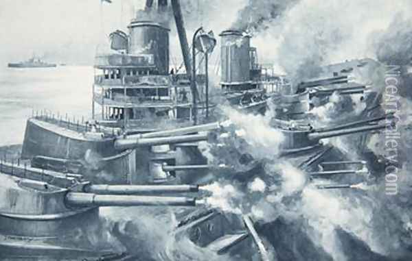 Biting with all her teeth at once the tremendous power of a Great modern Battleships broadside Oil Painting - Charles John de Lacy