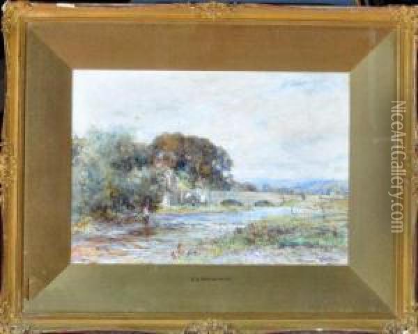 River Scene With An Angler Near A Bridge Oil Painting - Ernest Albert Waterlow
