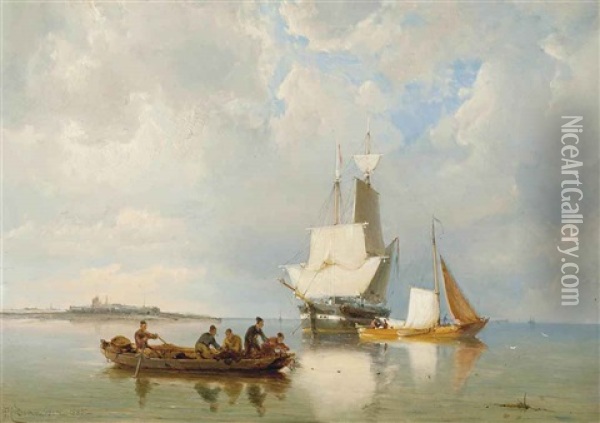 Fishermen Drawing In Their Nets Off The Dutch Coast Oil Painting - Pieter Christian Dommersen