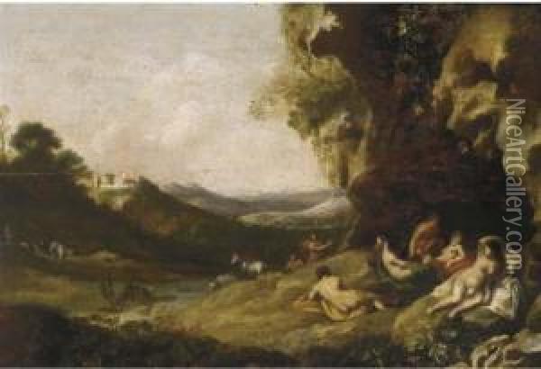 A Classical Landscape With Nymphs And Satyrs In A Grotto Oil Painting - Bartholomeus Breenbergh